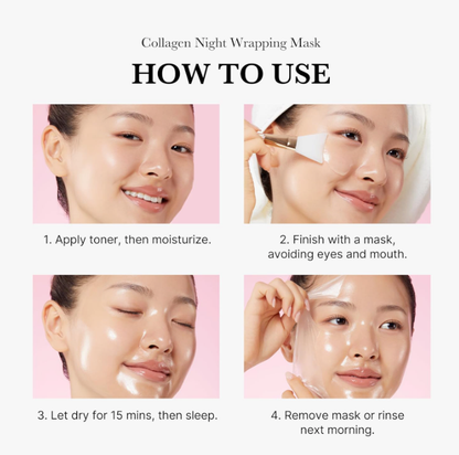 MEDICUBE Collagen Night Wrapping Mask shown (available in 70ml/100ml). Apply, leave on for 15 mins, peel or rinse off.