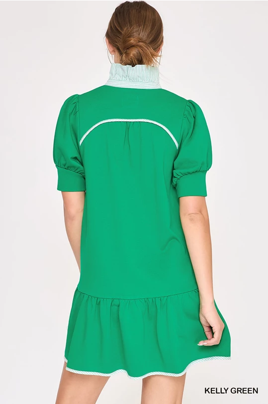 High Ruffle Neck Dress in kelly green with side pockets, puffed sleeves, ruffled hem, blue-accented neck. Sizes XS-XL.