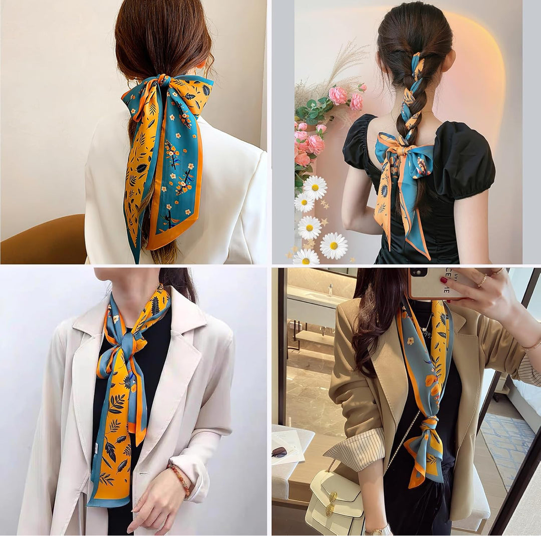 Silk scarves shown in four styles. Available in small, medium, and large sizes. Only the scarves are featured.