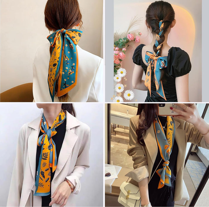 Silk scarves shown in four styles. Available in small, medium, and large sizes. Only the scarves are featured.