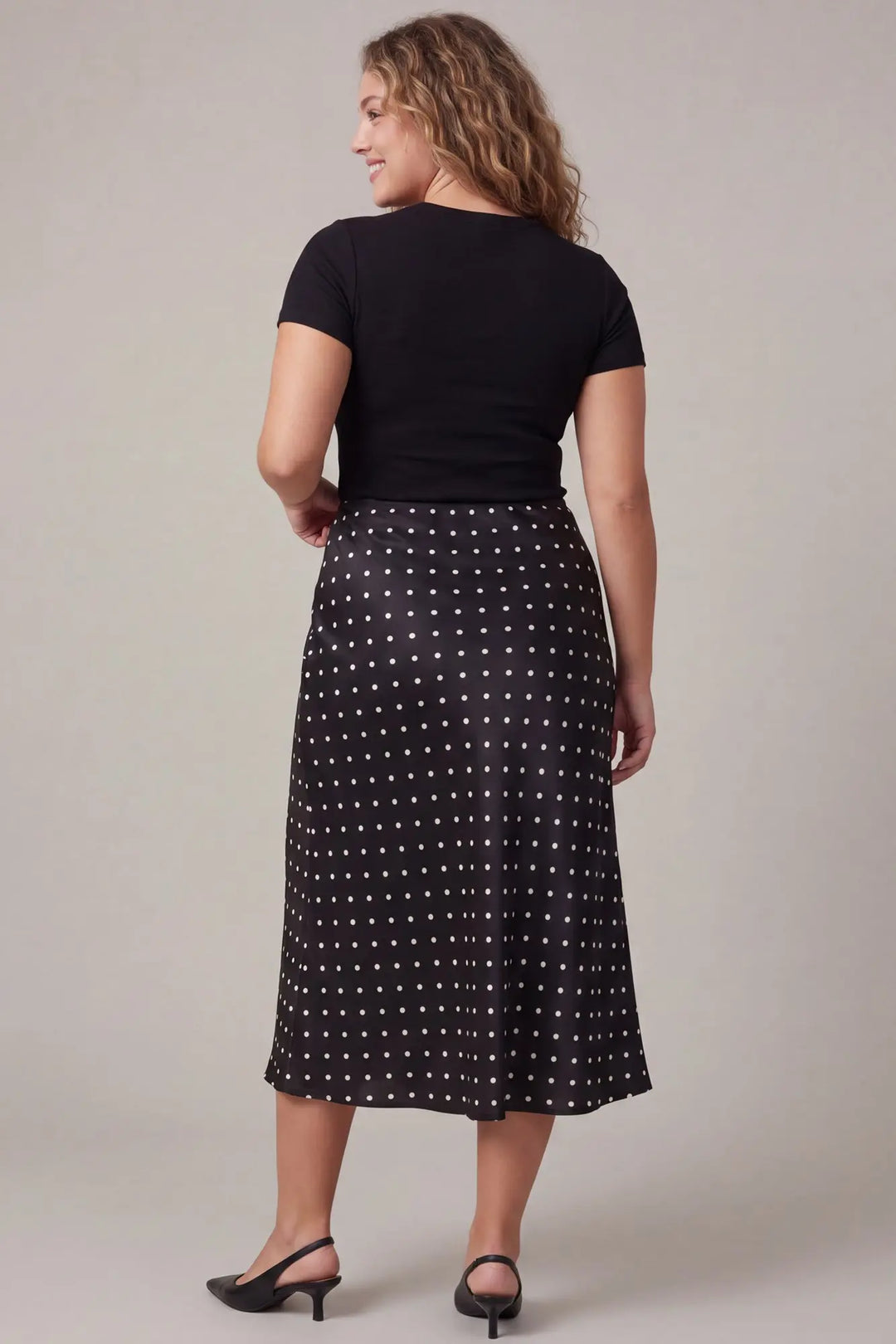 Black and white polka dot midi skirt.