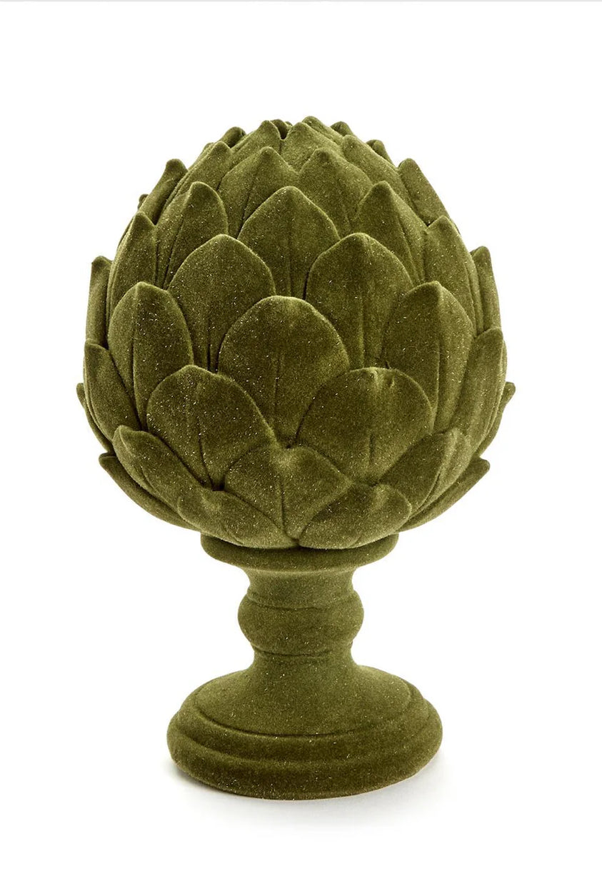 Green, velvety flocked artichoke decor on a round pedestal base. Available in multiple sizes.