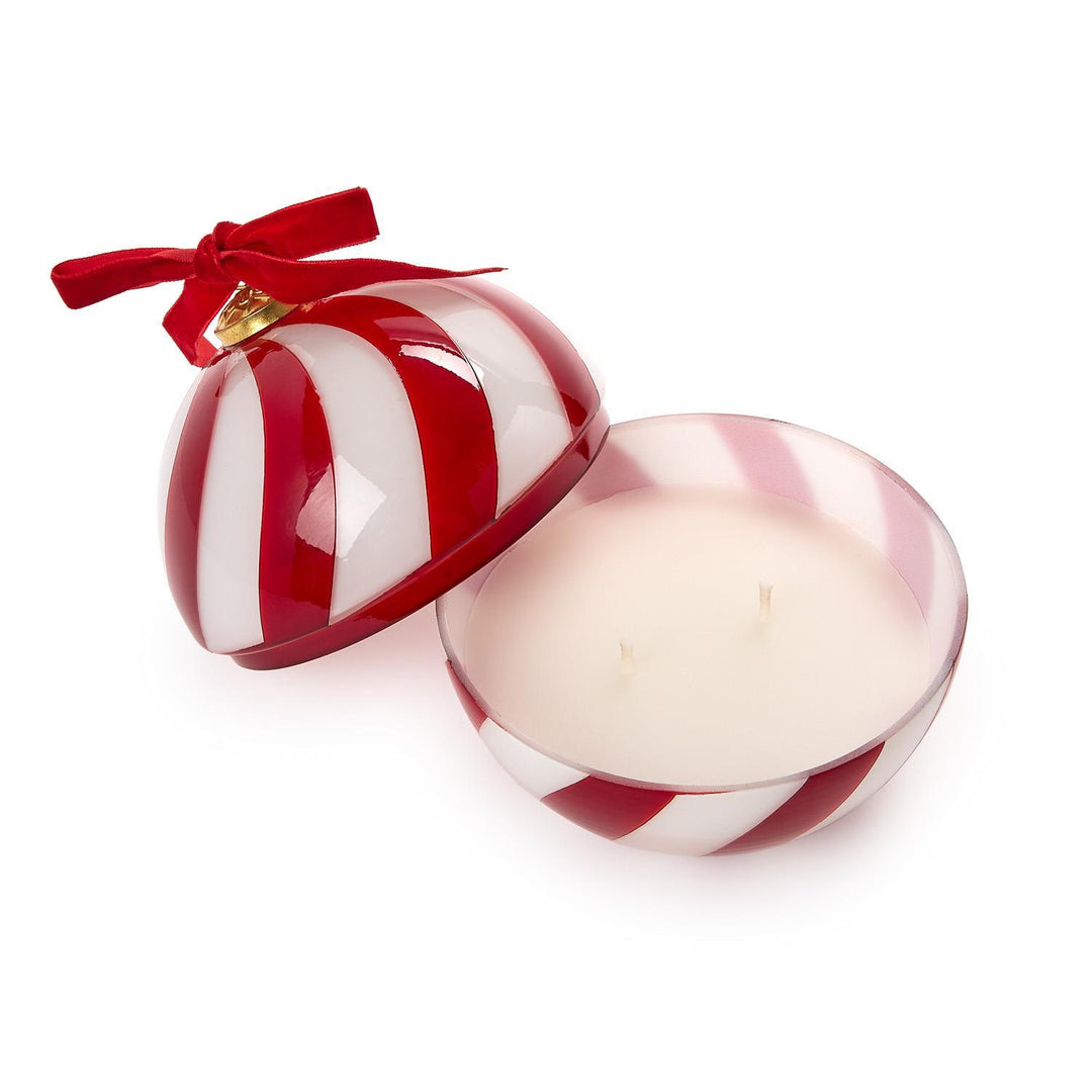 Sugar Cookie Ornament Candle with red and white stripes, matching lid, and red velvet bow. Available in multiple sizes.
