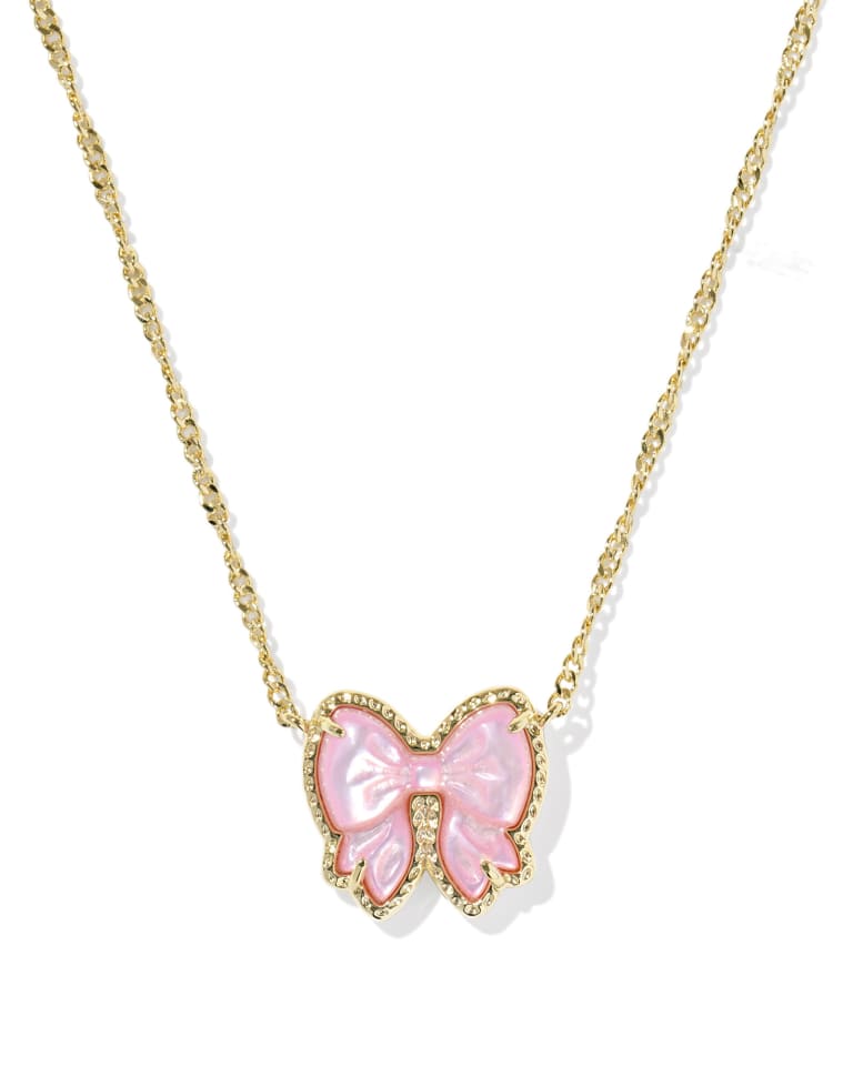 Gold chain necklace with iridescent pink bow pendant, sparkling stone outline. Available in 16", 18", and 20" lengths.