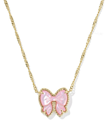 Gold chain necklace with iridescent pink bow pendant, sparkling stone outline. Available in 16", 18", and 20" lengths.