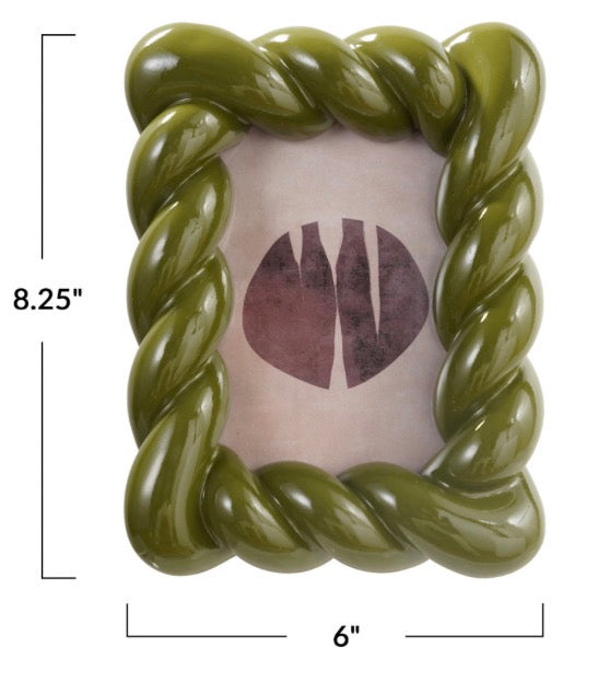 Glossy olive green resin photo frame with twisted design, size 8.25 x 6 inches.
