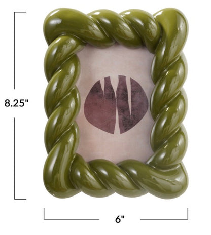 Glossy olive green resin photo frame with twisted design, size 8.25 x 6 inches.