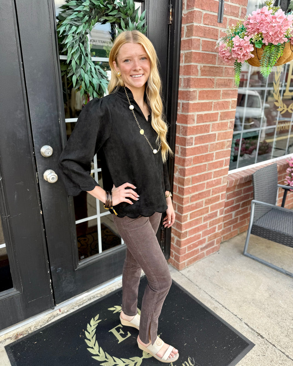 Sienna Scallop Top shown; available in sizes XS–XL.