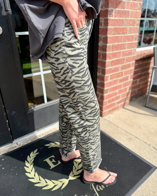 Zebra Print Wide-Leg Jeans; available in sizes XS-XL.