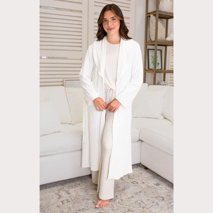 Classic Harbin Robe in Soft White, available in sizes XS-XL. Cozy, lightweight loungewear with a relaxed fit.
