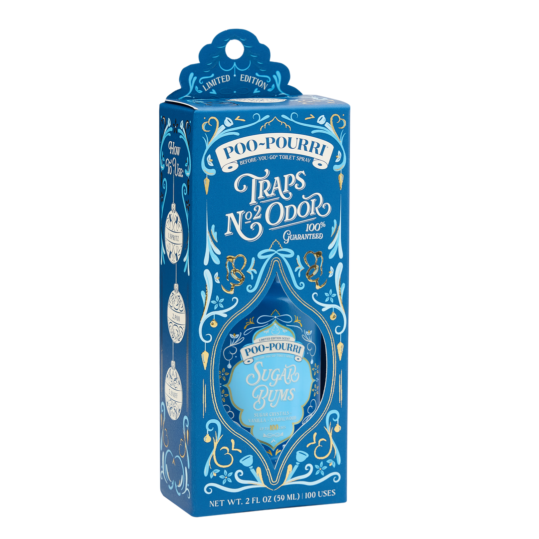 Holiday Poo~Pourri Sugar Bums 2oz blue box, limited edition toilet spray, Sugar Plums scent with vanilla sandalwood, “Traps No. 2 Odor.” Size: 2oz.