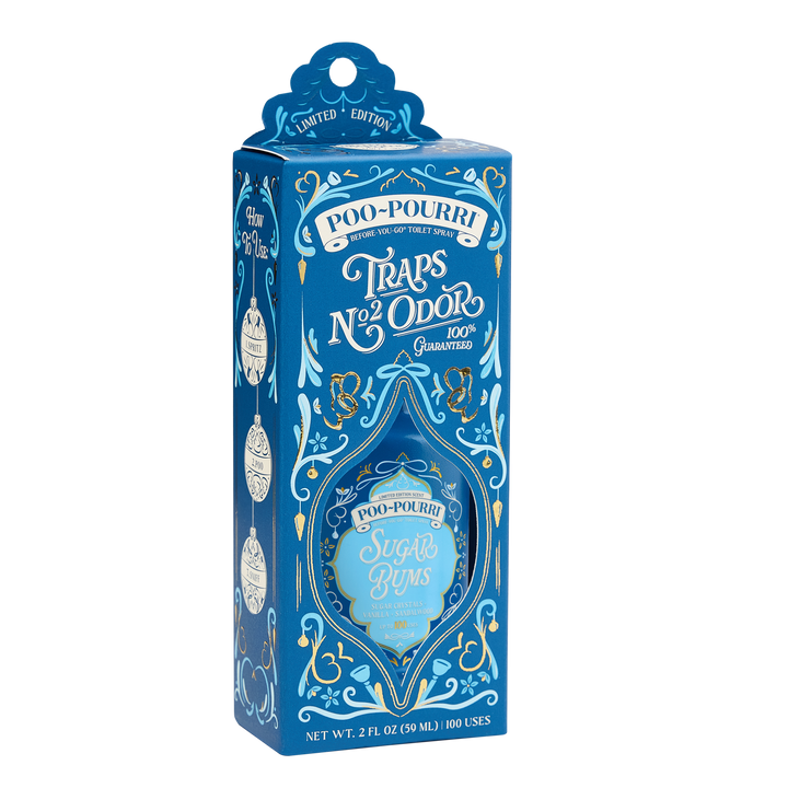 Holiday Poo~Pourri Sugar Bums 2oz blue box, limited edition toilet spray, Sugar Plums scent with vanilla sandalwood, “Traps No. 2 Odor.” Size: 2oz.