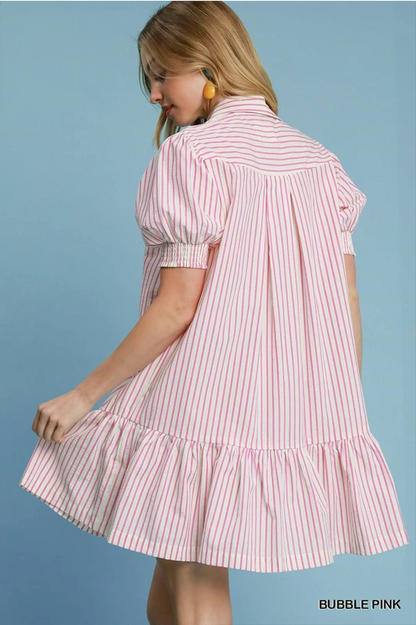 Margot Striped Dress: pink/white stripes, puffed sleeves, ruffled hem. Available in sizes XS–XL.