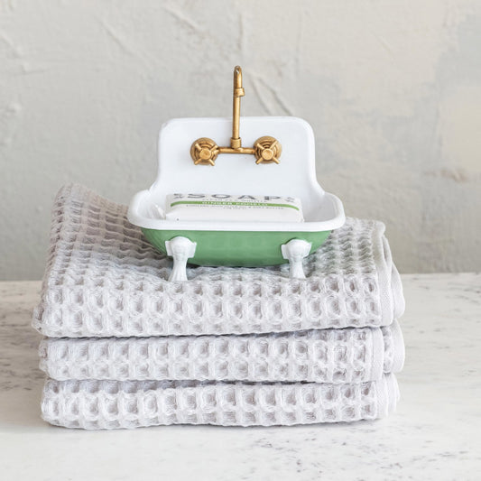 Metal Sink Soap Dish shaped like a mini bathtub with faux faucet, holds bar soap. Available in small and large sizes.