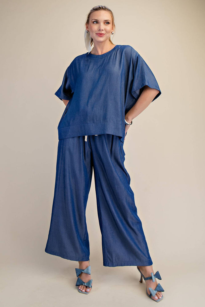 Indigo Round Neck Band Oversize Shirt in lightweight, breathable fabric. Available in sizes S-XL.