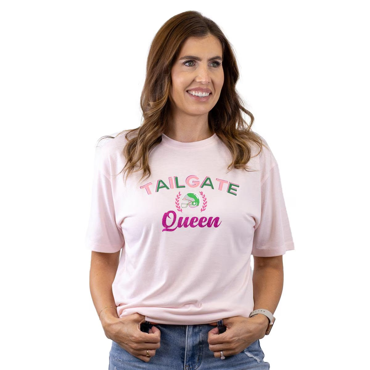 Tailgate Queen Glitter Crew Neck T-Shirt with crown and laurel design, available in sizes S-XL.