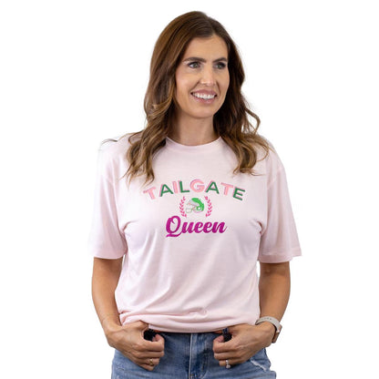 Tailgate Queen Glitter Crew Neck T-Shirt with crown and laurel design, available in sizes S-XL.
