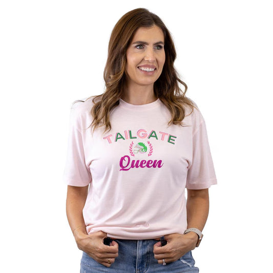 Tailgate Queen Glitter Crew Neck T-Shirt with crown and laurel design, available in sizes S-XL.
