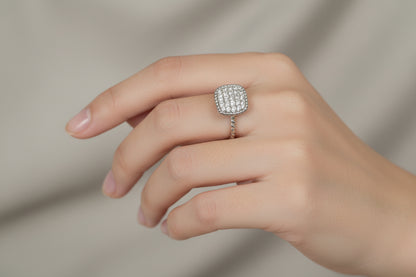 The Ring Edit: bold silver statement ring with a square cluster of diamonds. Available in sizes 5-9.