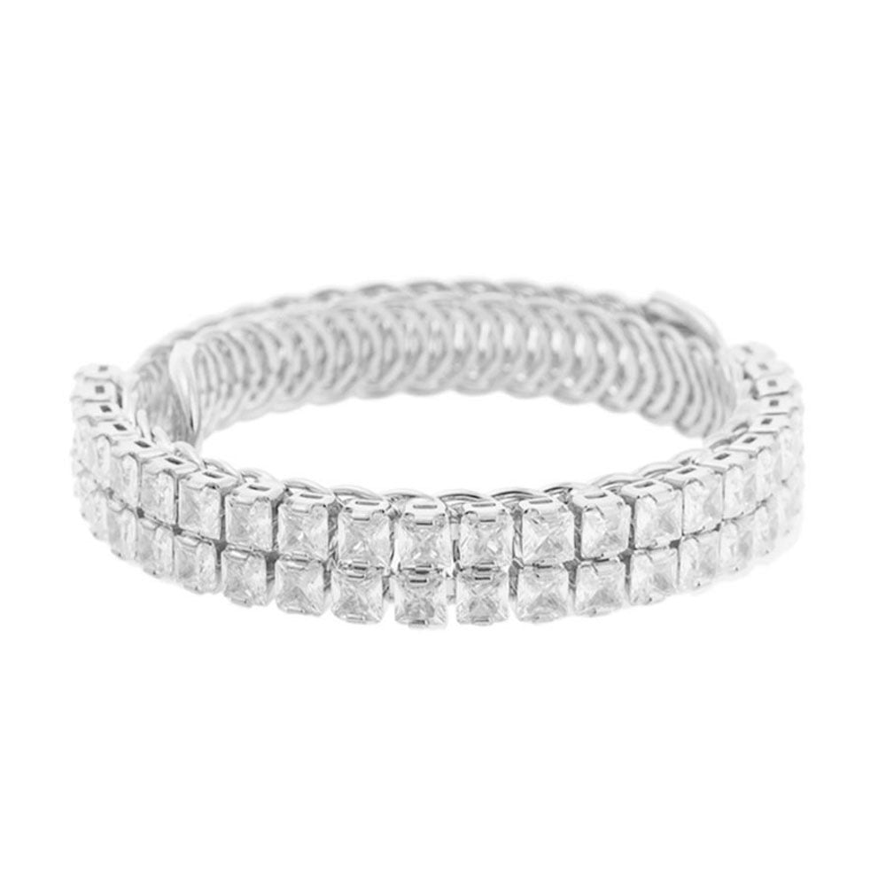 Double row cuff bracelet with square-cut clear CZ stones in a woven metal band. Available sizes: S, M, L.