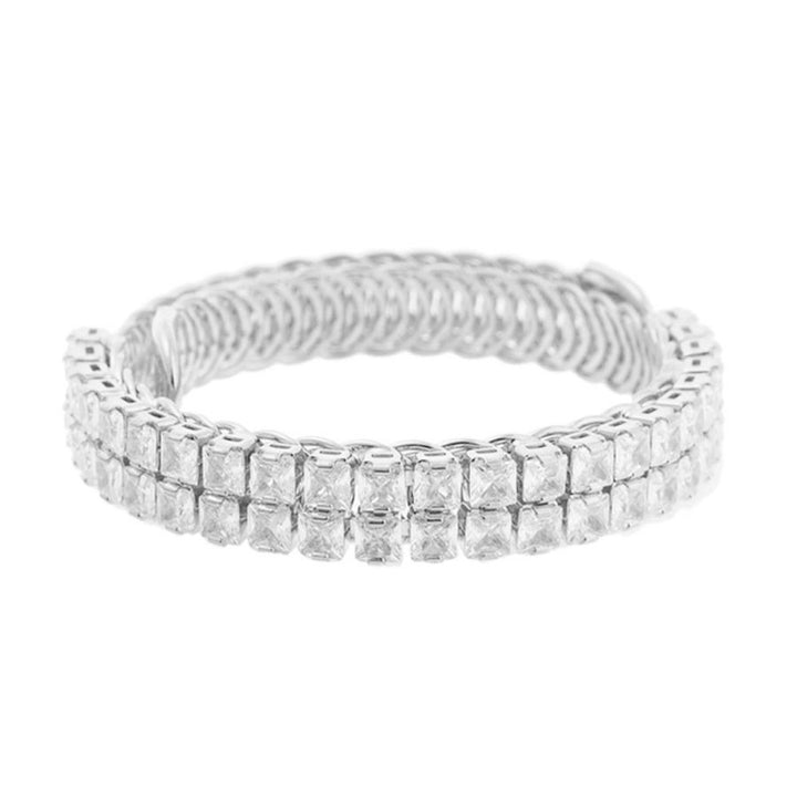Double row cuff bracelet with square-cut clear CZ stones in a woven metal band. Available sizes: S, M, L.