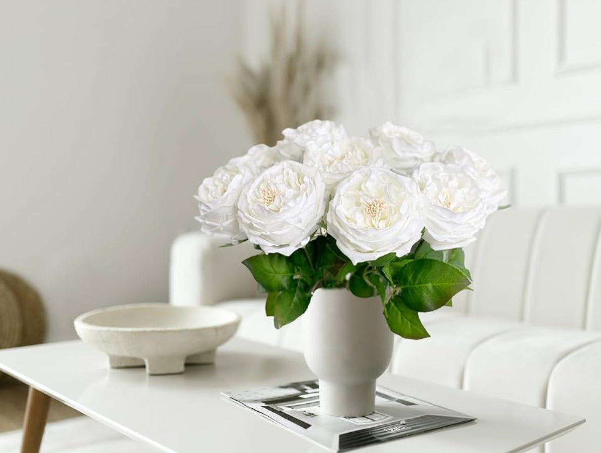 Bouquet of long stem peonies in a white vase, made with high-quality moisturizing latex for lifelike beauty. Sizes available: Small, Medium, Large.