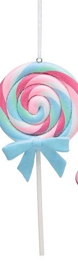 Pastel pink, blue, and white swirl-patterned lollipop ornament with a light blue bow.