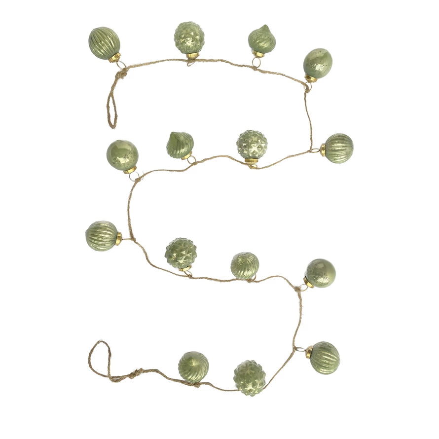 Embossed Recycled Mercury Glass Ball Ornament Garland in sage green with embossed textures.