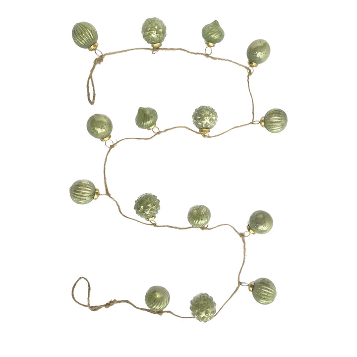 Embossed Recycled Mercury Glass Ball Ornament Garland in sage green with embossed textures.