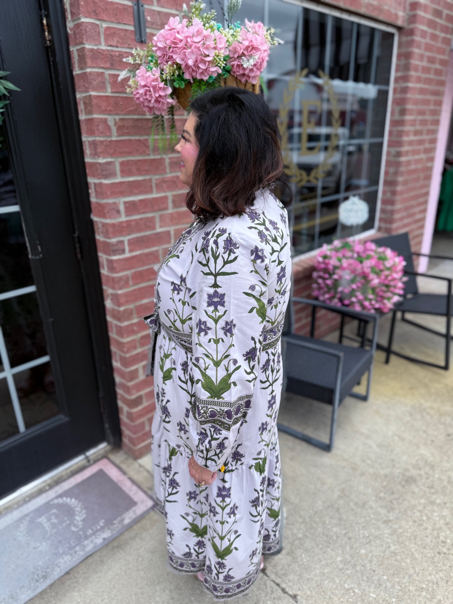 Iris Lavende Caroline Maxi Dress in hand block printed cotton poplin. Available in sizes XS-XL.
