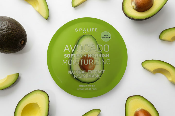 Green round Korean Fruit Infused Face Mask package; hydrating, with natural extract and collagen. Sizes: 25ml, 30ml.
