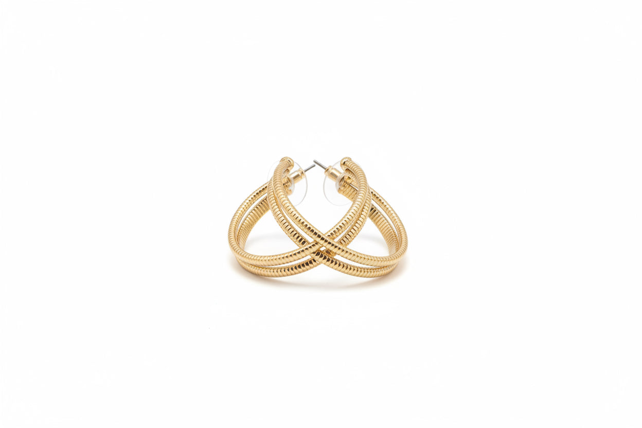 Gold hoop earrings, water resistant, twisted rope design for durability and elegance. Available in multiple sizes.