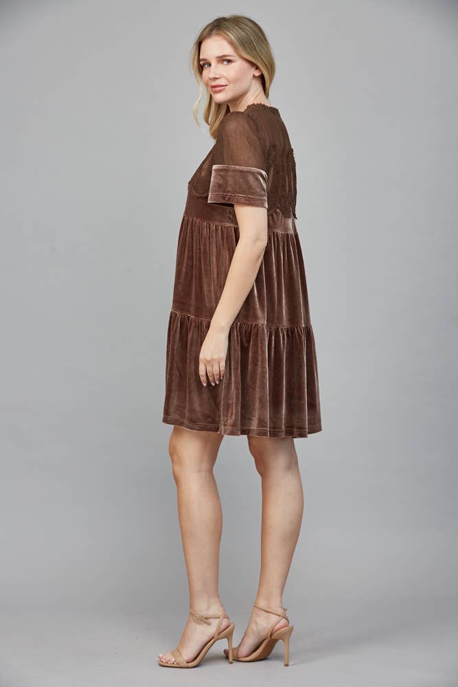 Contrast Sheer Mesh With Intricate Lace Detail Velvet Dress