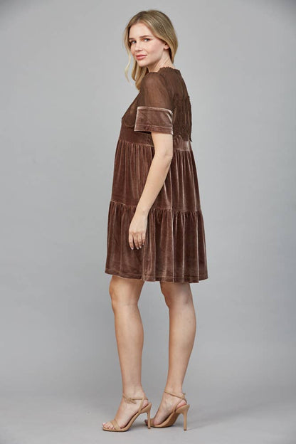 Contrast Sheer Mesh With Intricate Lace Detail Velvet Dress