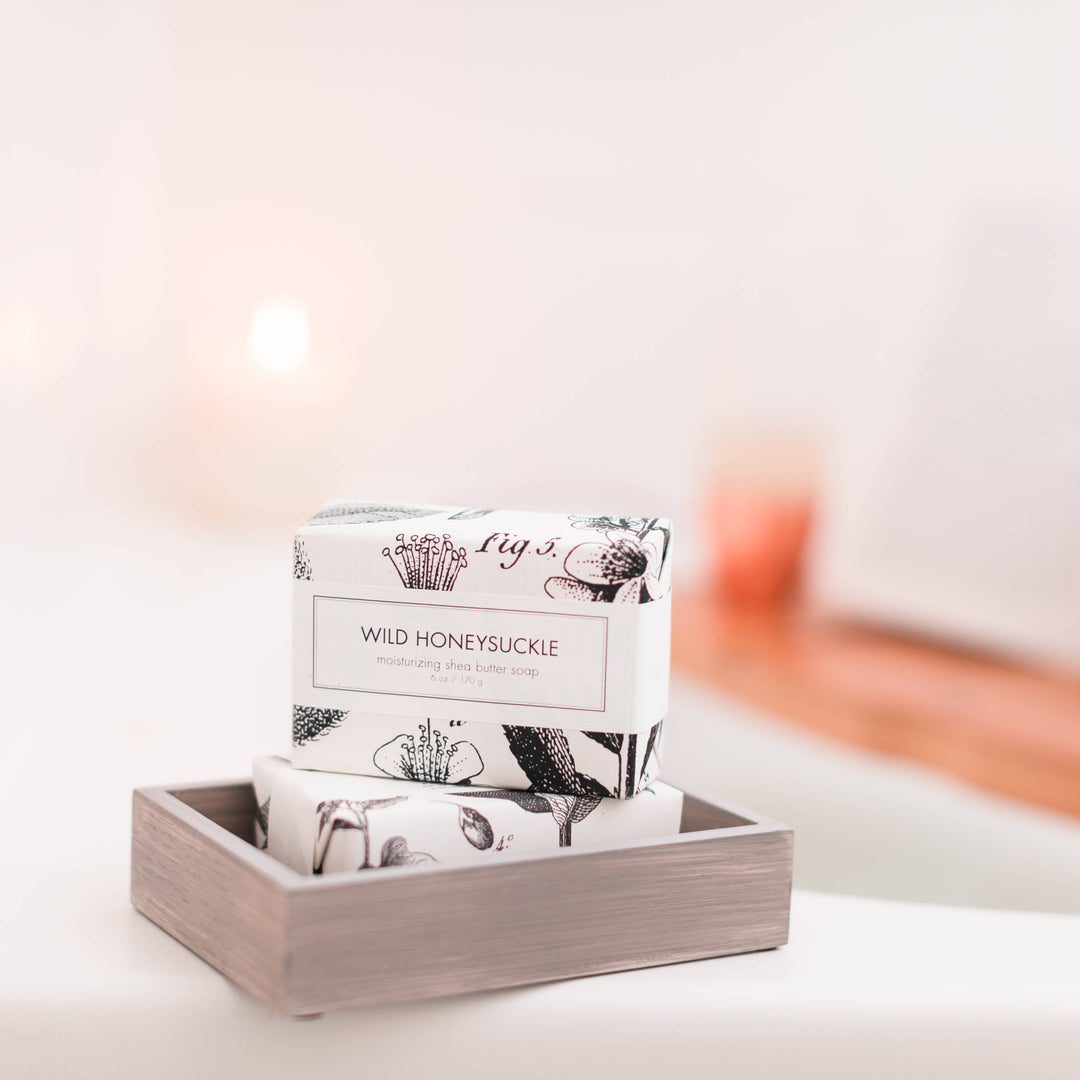 Two Wild Honeysuckle Soap - Bath Bars ideal for daily use. Features a floral scent and a nourishing formula. Accompanied by decorative floral packaging. No other products included, soap bars exclusively offered. Available in one standard size.