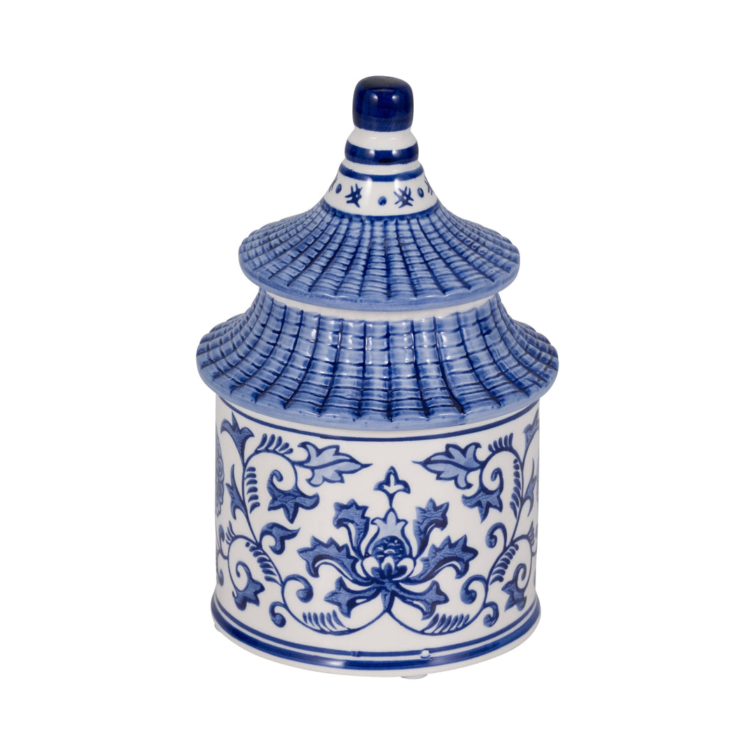 Blue Ceramic Plumeria Chinoiserie Pagoda Candle, 9 oz, with blue-and-white floral design and reusable jar.