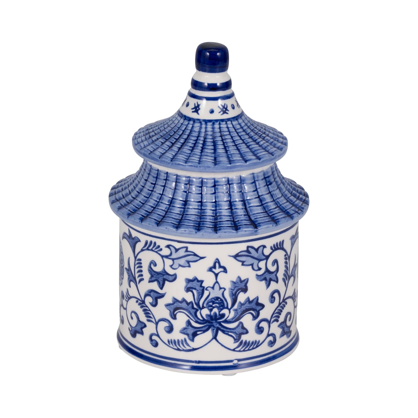 Blue Ceramic Plumeria Chinoiserie Pagoda Candle, 9 oz, with blue-and-white floral design and reusable jar.