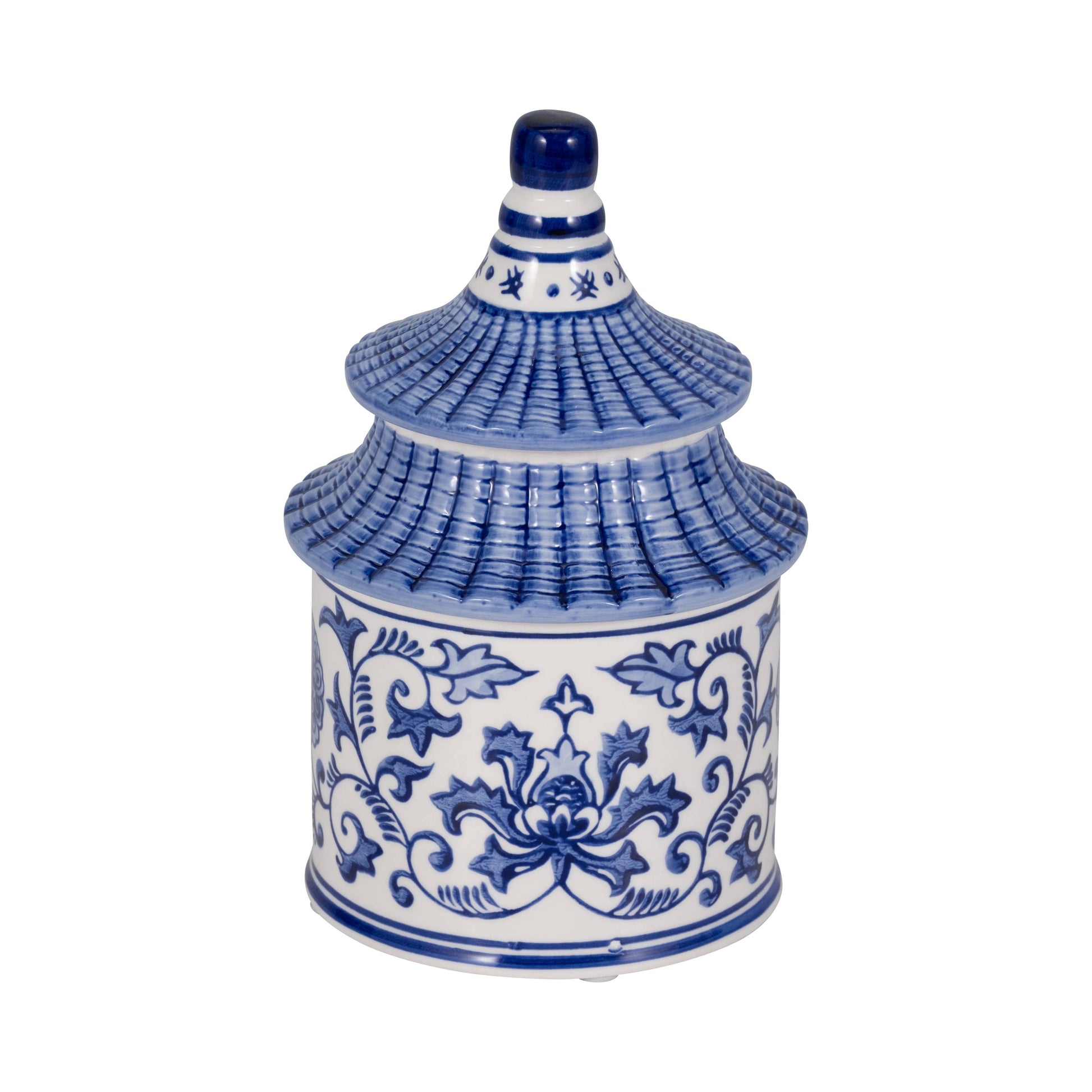 Blue Ceramic Plumeria Chinoiserie Pagoda Candle, 9 oz, with blue-and-white floral design and reusable jar.
