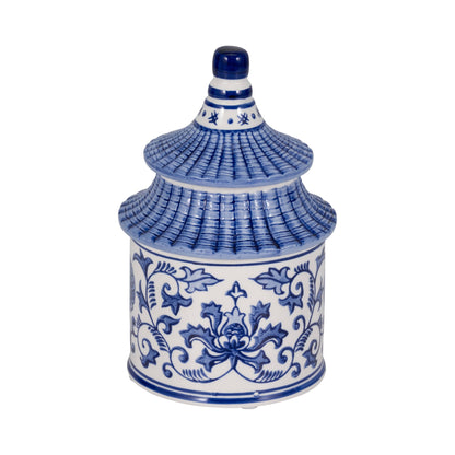 Blue Ceramic Plumeria Chinoiserie Pagoda Candle, 9 oz, with blue-and-white floral design and reusable jar.