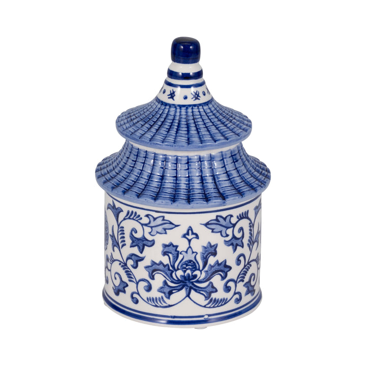 Blue Ceramic Plumeria Chinoiserie Pagoda Candle, 9 oz, with blue-and-white floral design and reusable jar.