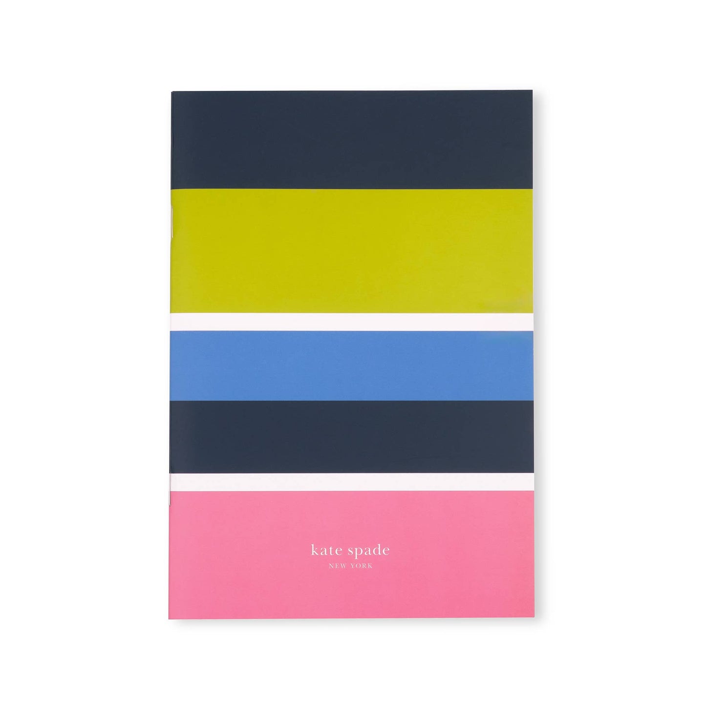 Triple Notebook Set, Sunny Day Stripe: dark blue, lime green, navy, blue, white, pink bands; gold "kate spade new york." Sizes: 6"x8.25".
