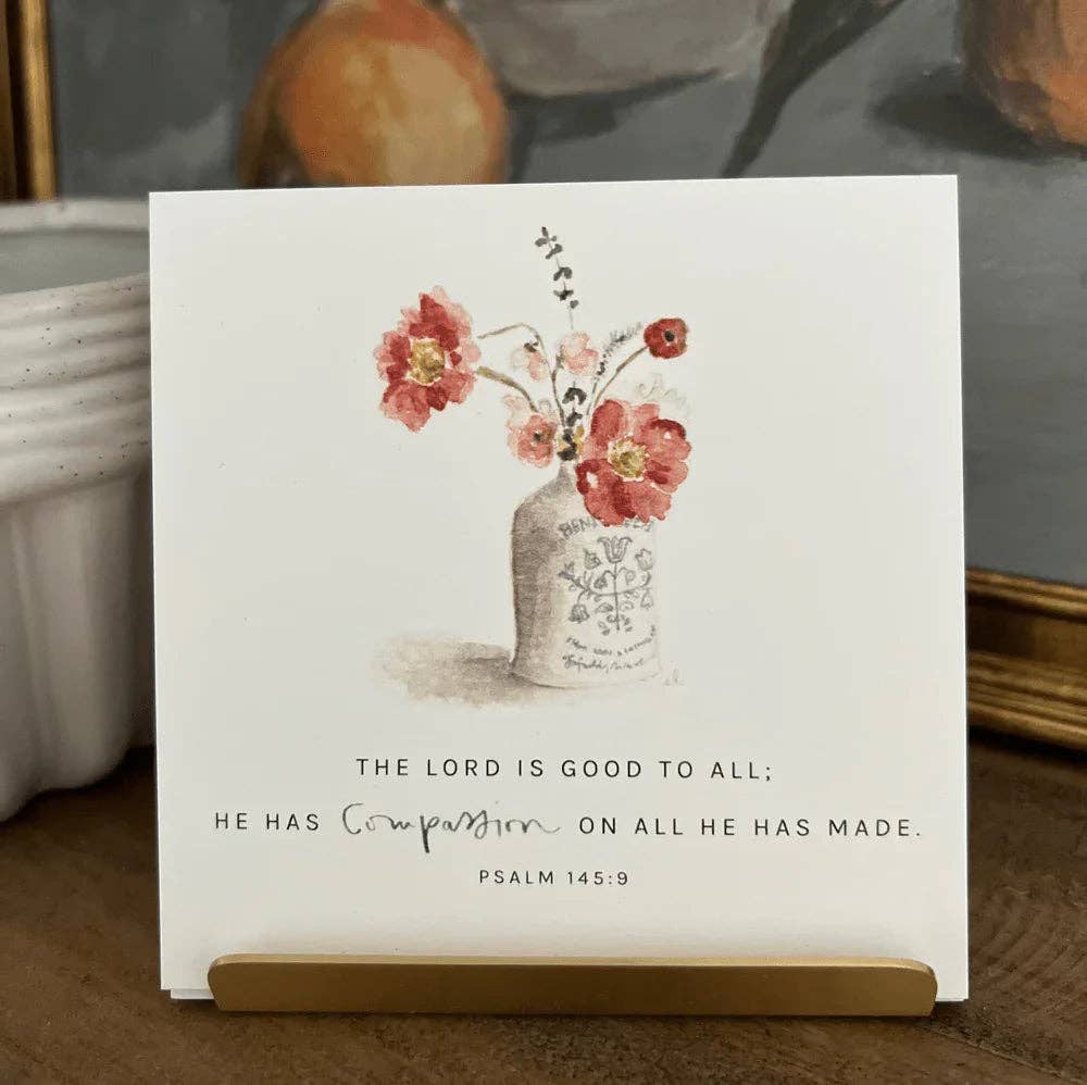 Truth for Today Hope Cards with Psalm 145:9, red flowers, gold stand. Available in standard card size.