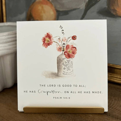 Truth for Today Hope Cards with Psalm 145:9, red flowers, gold stand. Available in standard card size.