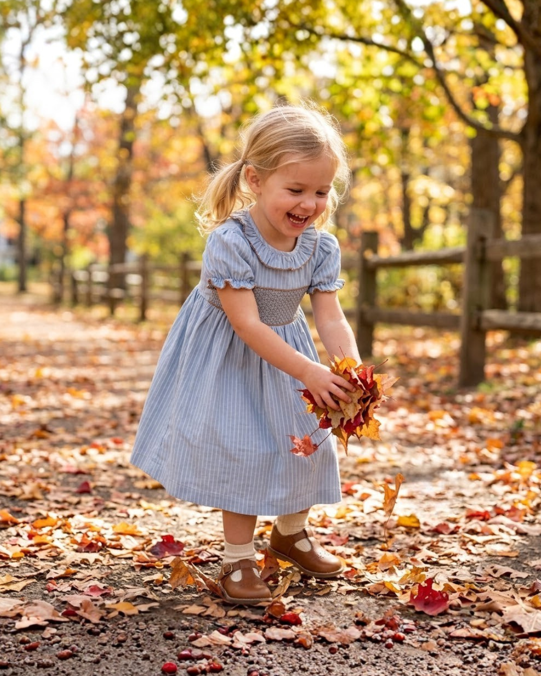 Blue Pinstripe Brown Smocked Ruffle Collar Dress, shown in size 4T; available in multiple children’s sizes.