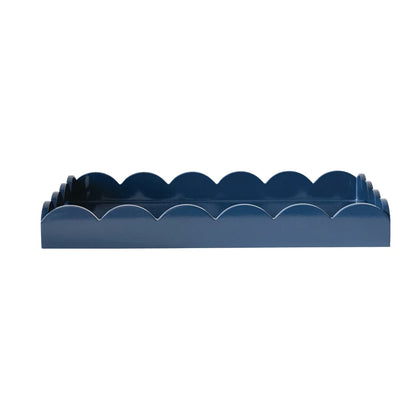 Rectangular navy blue tray with scalloped edges, handles, and high sides. Available in multiple sizes.