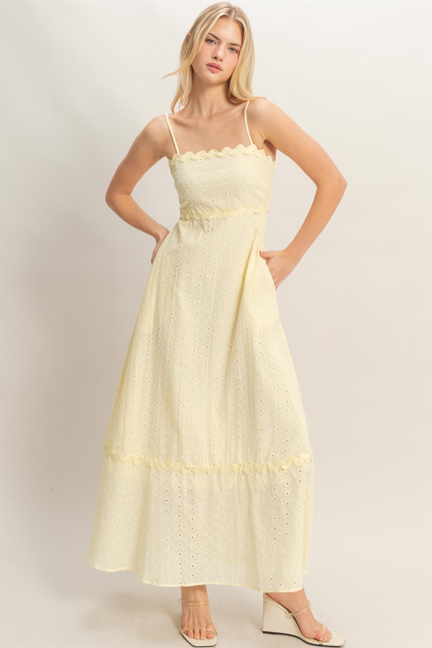 Butter Yellow Scallop Trim Eyelet Midi Dress with spaghetti straps, scalloped edges. Available in XS, S, M, L, XL.