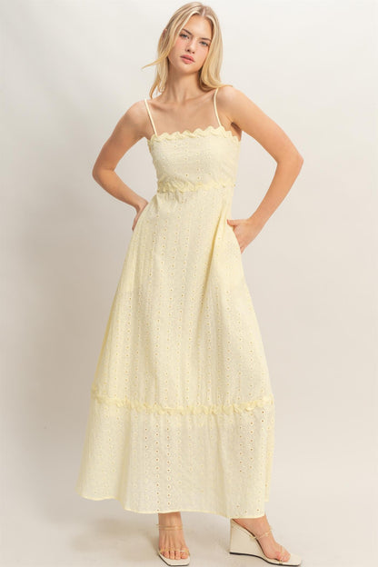 Butter Yellow Scallop Trim Eyelet Midi Dress with spaghetti straps, scalloped edges. Available in XS, S, M, L, XL.
