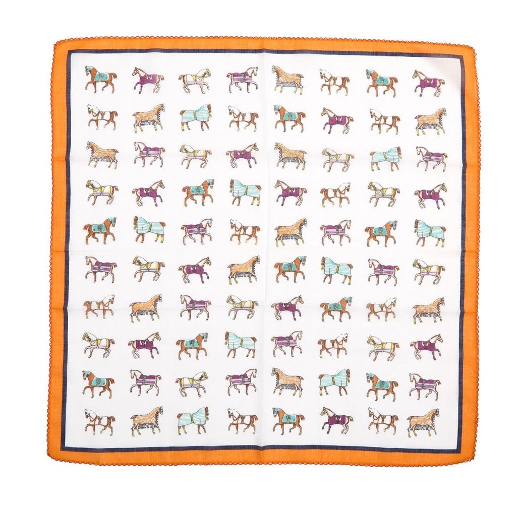 Polyester Horse Play Soft Square Scarf with an orange border and rows of colorful, patterned illustrated horses on a white background. Available size: square.