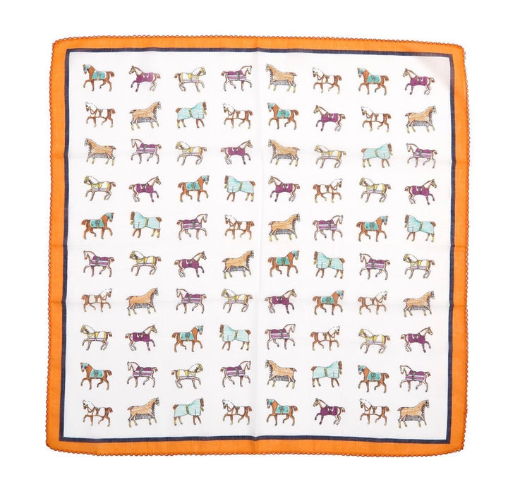 Polyester Horse Play Soft Square Scarf with an orange border and rows of colorful, patterned illustrated horses on a white background. Available size: square.