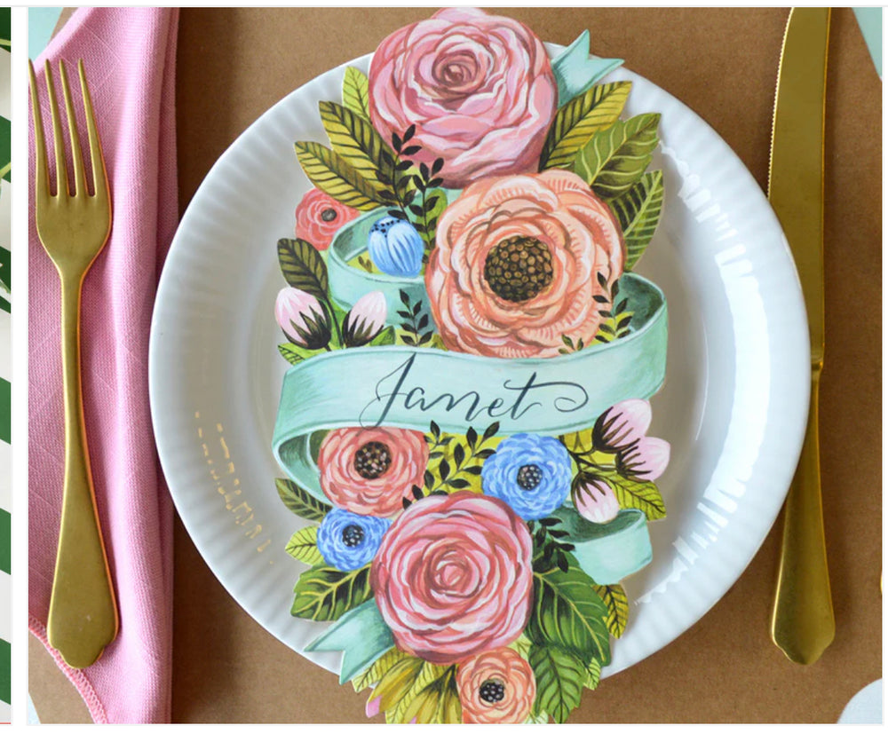 Kraft French Frame card, "Janet" on blue ribbon with pink and blue flowers. Sizes: 3x4", 4x6".